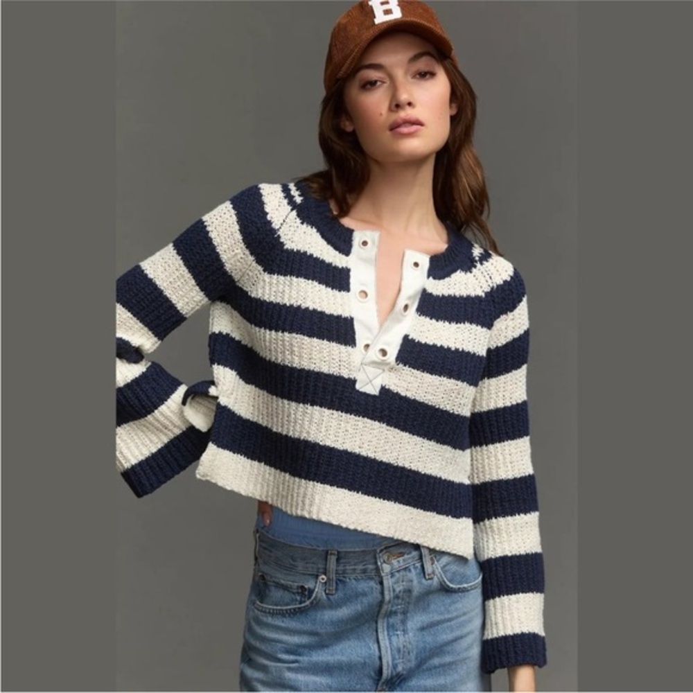 Anthropologie Navy White Striped Knit Henley Bell Sleeve Sweater XL